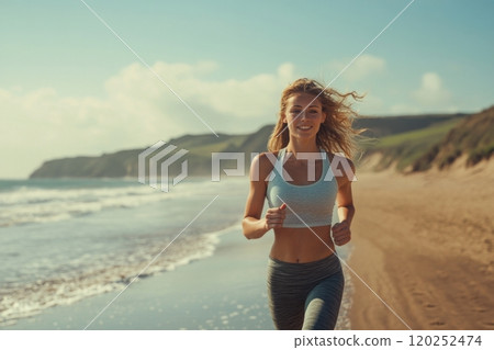 A woman enjoys her morning run on the beach. The sun shines brightly on the ocean waves. A healthy lifestyle captured in a beautiful coastal scene. Feel the freedom. AI 120252474