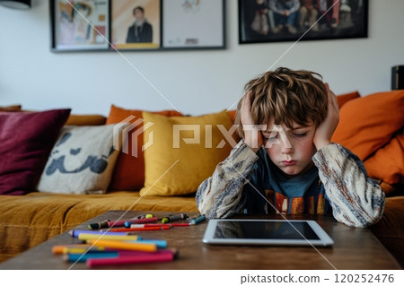 A young boy sits on a cozy couch with his head in his hands. He looks frustrated while using a tablet. The colors and cushions add warmth to the room. Perfect for family-related content. AI 120252476