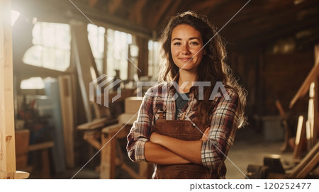A confident young woman stands in a woodworking shop. She wears a plaid shirt and an apron. The workshop is warmly lit, showcasing woodwork and tools. A perfect image for creativity and craftsmanship. 120252477