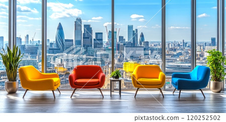 Bright and colorful lounge chairs in a modern office space with a stunning city skyline. This image brings energy and creativity to interior design concepts. Perfect for presentation. AI 120252502