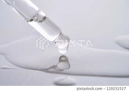 Dropper pipette with delicious serum with drop close-up. Dropper pipette with delicious serum with drop close-up. 120252527