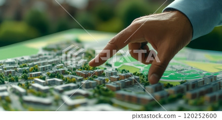 A person analyzing a detailed architectural model. The hand points at a neighborhood layout. This image represents design, planning, and urban development themes. AI. 120252600