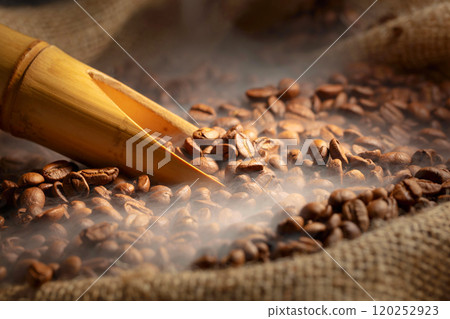 Fresh roasted coffee beans in burlap bag. 120252923