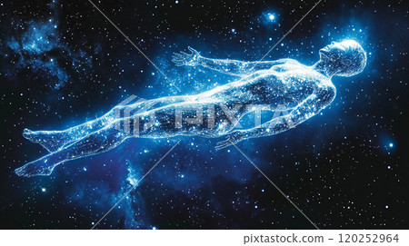 A man is floating in space with his arms outstretched. Concept of freedom and exploration, as the man is reaching out to the stars. The blue and white colors of the image create a serene 120252964