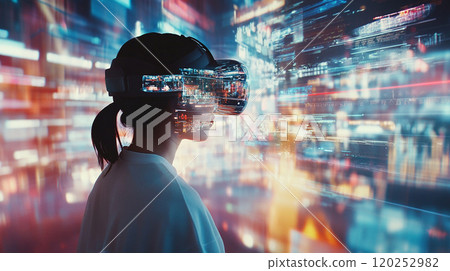 A woman in a black shirt is standing in front of a projection of a starry sky. The projection is so vivid that it appears as if the man is actually in space 120252982