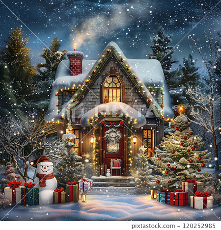 A snowman stands in front of a house with a red door and a wreath on it. The scene is set in a snowy landscape, with trees in the background. The snowman is wearing a red hat and a red scarf 120252985