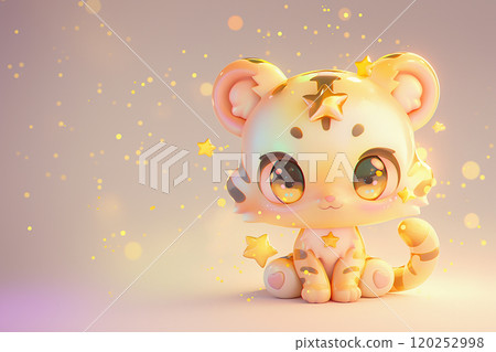 A cartoon tiger with gold and pink stripes and a pink nose is sitting on a pink background. The tiger has a star on its head and is smiling A cartoon tiger with gold and pink stripes and a pink nose is sitting on a pink background. The tiger has a star on its head and is smiling 120252998