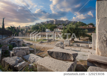 Ancient Roman Agora and Acropolis under sunset sky cloud in Athens, Greece 120253036