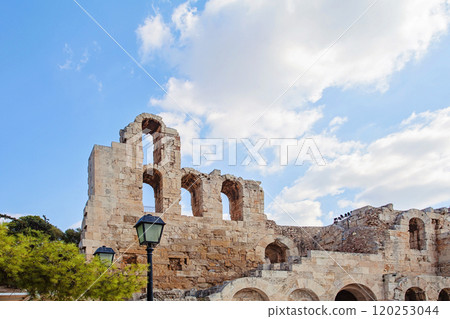 Ancient architecture.  Archaeology wall of The Theatre of Dionysus in the Acropolis in Greece 120253044