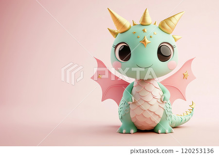 A cute little dragon with gold wings and pink and gold body sits on a blue background. The dragon has a smile on its face, making it appear friendly and approachable 120253136