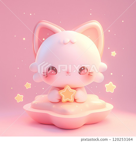 A cute cat with a star necklace and a gold star on its head. The cat is sitting on a white background 120253164