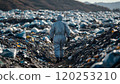 An environmental researcher wearing a protective suit walks through a waste dump 120253210