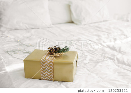 Beautifully wrapped golden gift box with spruce branch and cone on bed, present for Christmas Beautifully wrapped golden gift box with spruce branch and cone on bed, present for Christmas 120253321