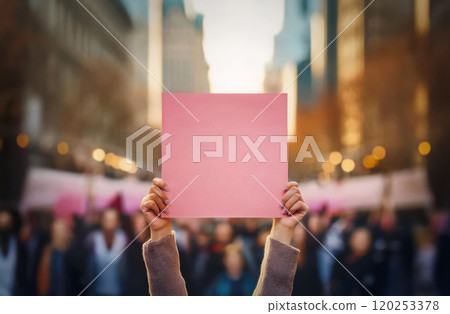 Closeup female activist with hands raised up holding a blank pink banner during a public protest demonstration on the crowded city street. 120253378