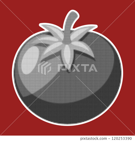 Tomato. Trendy halftone style retro black and white dotted texture. Vintage pop art collage element 120253390