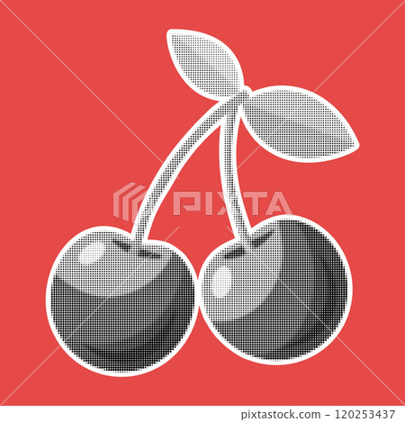 Cherries. Trendy halftone style retro black and white dotted texture. Vintage pop art collage element 120253437