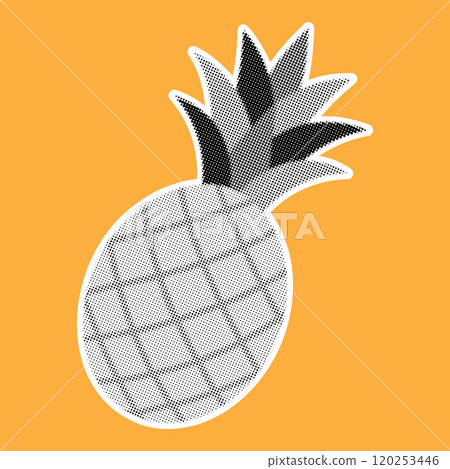 Pineapple. Trendy halftone style retro black and white dotted texture. Vintage pop art collage element 120253446