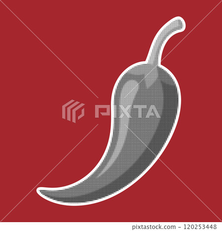 Chili pepper. Trendy halftone style retro black and white dotted texture. Vintage pop art collage element 120253448