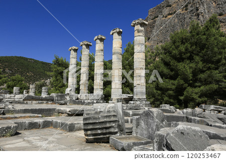 Image of historical ruins, columns, ancient theater and temples in the ancient city of Priene. 120253467