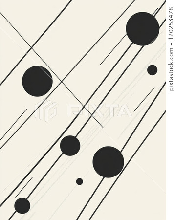 The composition showcases intersecting black diagonal lines on a light backdrop, with circles of different sizes scattered throughout. The composition showcases intersecting black diagonal lines on a light backdrop, with circles of different sizes scattered throughout. 120253478