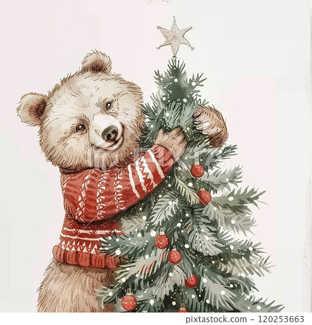 A bear is holding a Christmas tree branch in its mouth. The bear is wearing a red sweater and he is happy 120253663