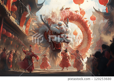 A group of people are dancing in front of a dragon. The dragon is large and has red and white scales. The people are dressed in red and are dancing in a street. Scene is lively and festive 120253680