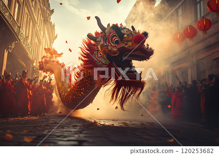 A dragon is flying through the air with people watching. The dragon is surrounded by smoke and has red and gold scales. The people are dressed in red and are gathered around the dragon 120253682