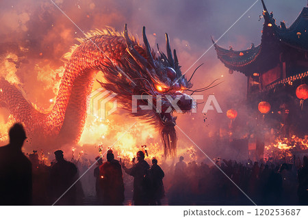 A dragon is surrounded by people in a fiery scene. The dragon is red and has glowing eyes. The people are gathered around the dragon, possibly admiring it or preparing to fight it 120253687