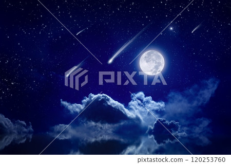 Starry night sky with full moon rising above serene sea, shooting stars or comets in dark sky. 120253760