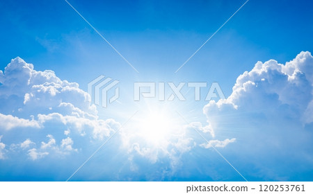 Beautiful religious image - bright light from heaven, light of hope and happyness from skies. 120253761