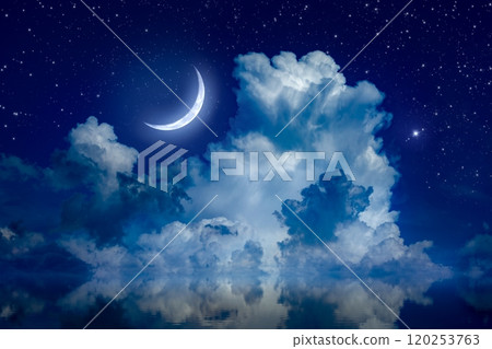 Big crescent moon and clouds in night starry sky is reflected in calm sea. Silence, calmness and serenity Big crescent moon and clouds in night starry sky is reflected in calm sea. Silence, calmness and serenity 120253763