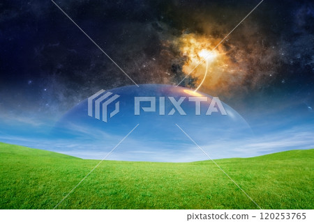 Spectacular sci-fi image - deep space teleportation science experiment, big transparent dome over green field. 120253765