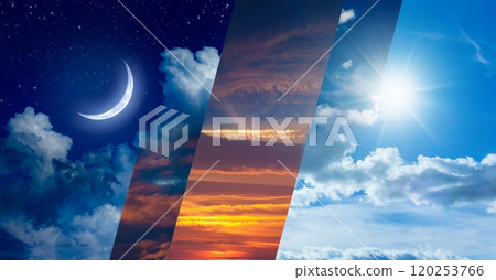Opposites in nature: day and night, light and darkness, sun and moon. Weather forecast and time concept image. Opposites in nature: day and night, light and darkness, sun and moon. Weather forecast and time concept image. 120253766