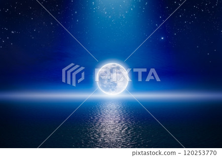 Starry night sky with full moon rising above serene sea. Serenity nature image with supermoon, outdoor at nighttime. Starry night sky with full moon rising above serene sea. Serenity nature image with supermoon, outdoor at nighttime. 120253770