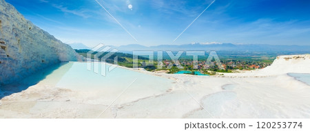 White travertine terrace formations, pool with clear hot water from thermal springs in Pamukkale, Denizli Province in southwestern Turkey. White travertine terrace formations, pool with clear hot water from thermal springs in Pamukkale, Denizli Province in southwestern Turkey. 120253774