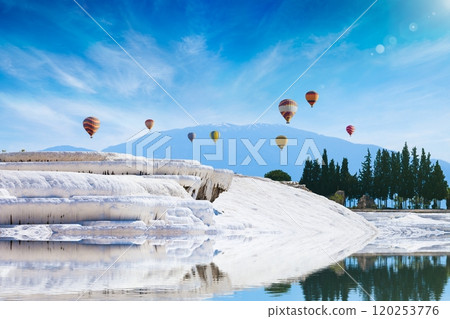 White travertine terrace formations, pool with clear hot water from thermal springs in Pamukkale, Denizli Province in southwestern Turkey. Hot air ballons fly above white Pamukkale. 120253776