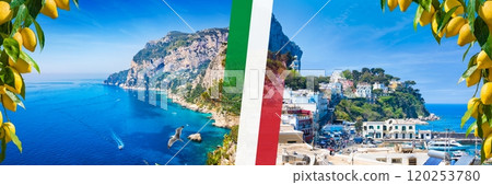 Collage with National flag of Italy, Marina Piccola and Grande, Capri Island, Italy. Sunny summer weather, clear blue sea and sky. Ripe yellow lemons in foreground. Collage with National flag of Italy, Marina Piccola and Grande, Capri Island, Italy. Sunny summer weather, clear blue sea and sky. Ripe yellow lemons in foreground. 120253780