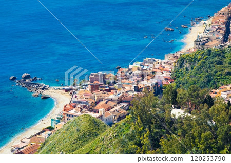 Aerial view of Giardini Naxos, comune in Messina on Sicily Island, Italy. Aerial view of Giardini Naxos, comune in Messina on Sicily Island, Italy. 120253790