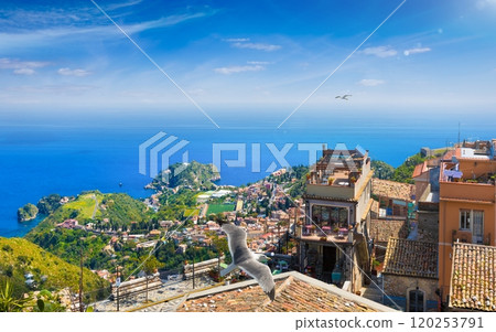 Aerial view of Castelmola and Taormina in Sicily, Italy 120253791