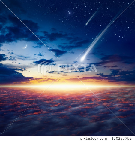 Amazing heavenly image with beautiful glowing sunset, shooting stars, rising crescent moon and bright stars 120253792