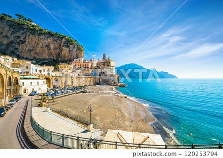 Deserted beach of small town Atrani on Amalfi Coast in province of Salerno, Campania region, Italy. Amalfi coast is popular travel and holyday destination in Italy. Deserted beach of small town Atrani on Amalfi Coast in province of Salerno, Campania region, Italy. Amalfi coast is popular travel and holyday destination in Italy. 120253794
