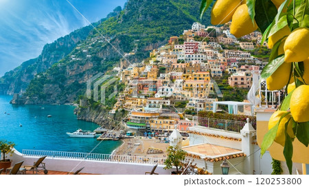 Beautiful Positano with comfortable beach and blue sea on Amalfi Coast in Campania, Italy. Amalfi coast is popular travel and holyday destination in Europe. 120253800
