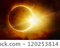 Dramatic scenic image: total solar eclipse in dark red cloudy sky 120253814