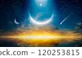 Amazing image with beautiful glowing sunset, dramatic eclipse, rising crescent moon, bright stars  and falling comet. 120253815