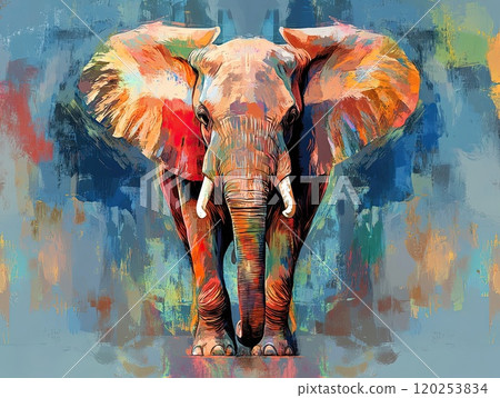 An elephant stands boldly at the center, its trunk raised and ears flared, surrounded by a bright, abstract background that enhances its striking colors and presence. 120253834