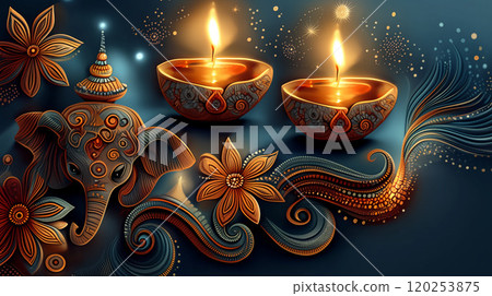 Decorative Diyas with Elephant and Floral Motifs for Diwali Festival 120253875