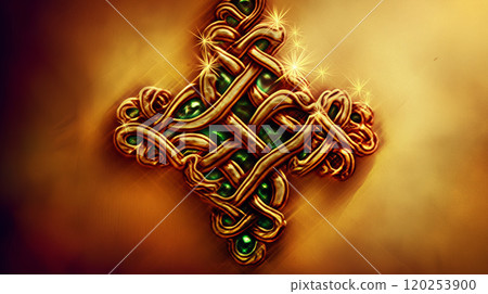 Celtic square knot, Shield Knot (Knot of Protection), gold and green, traditional Irish pattern Celtic square knot, Shield Knot (Knot of Protection), gold and green, traditional Irish pattern 120253900