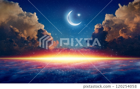 Ramadan background with bright crescent, stars and glowing horizon Ramadan background with bright crescent, stars and glowing horizon 120254058