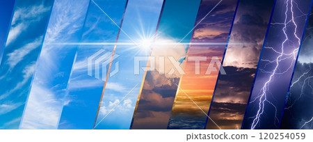 Weather forecast background, climate change concept, collage of images with variety weather conditions - bright sun and blue sky, stormy sky with lightnings, sunset and night 120254059