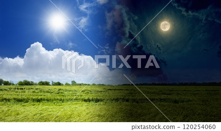 Opposites in nature: day and night, light and darkness, sun and moon above green field. Passing of time and changes concept image. 120254060
